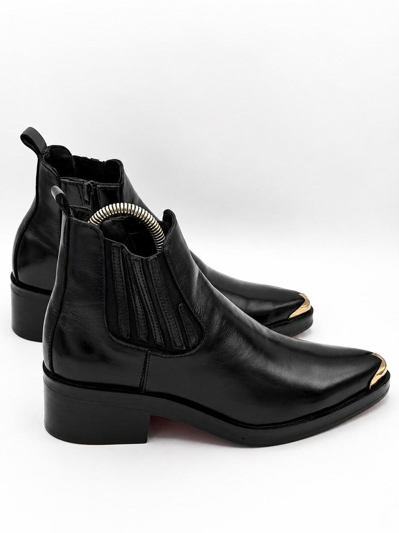 Handmade Genuine Cow Leather Black Chelsea Boots for Men Gold Toe Cap Western Boots