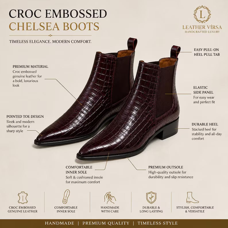 Handmade Burgundy Croc Embossed Genuine Leather Chelsea Boots for Women Pointed Toe Ankle Boots