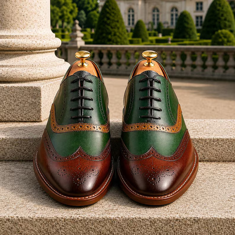 Handmade Green & Brown Wingtip Oxford Shoes for Men – Genuine Cow Leather Brogue Oxfords