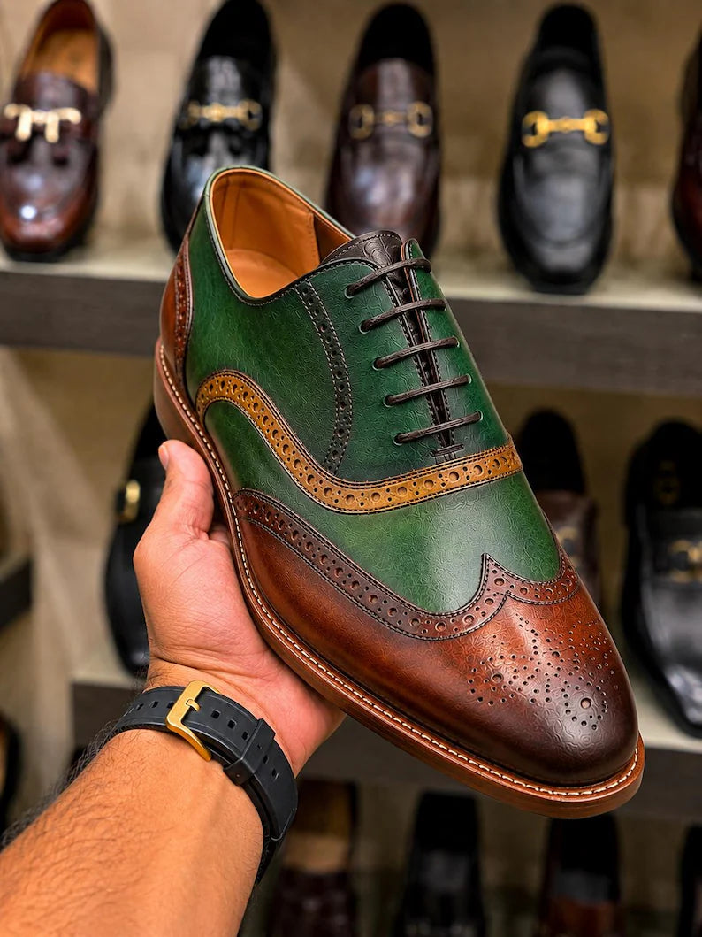 Handmade Green & Brown Wingtip Oxford Shoes for Men – Genuine Cow Leather Brogue Oxfords