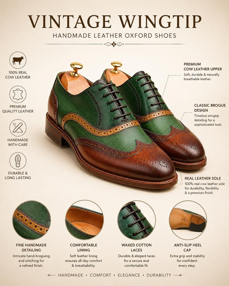 Handmade Green & Brown Wingtip Oxford Shoes for Men – Genuine Cow Leather Brogue Oxfords
