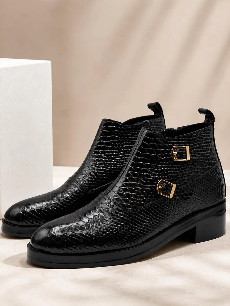 Black Embossed Snakskin Monk Strap Boots, Handmade Genuine Leather Ankle Boots for Men