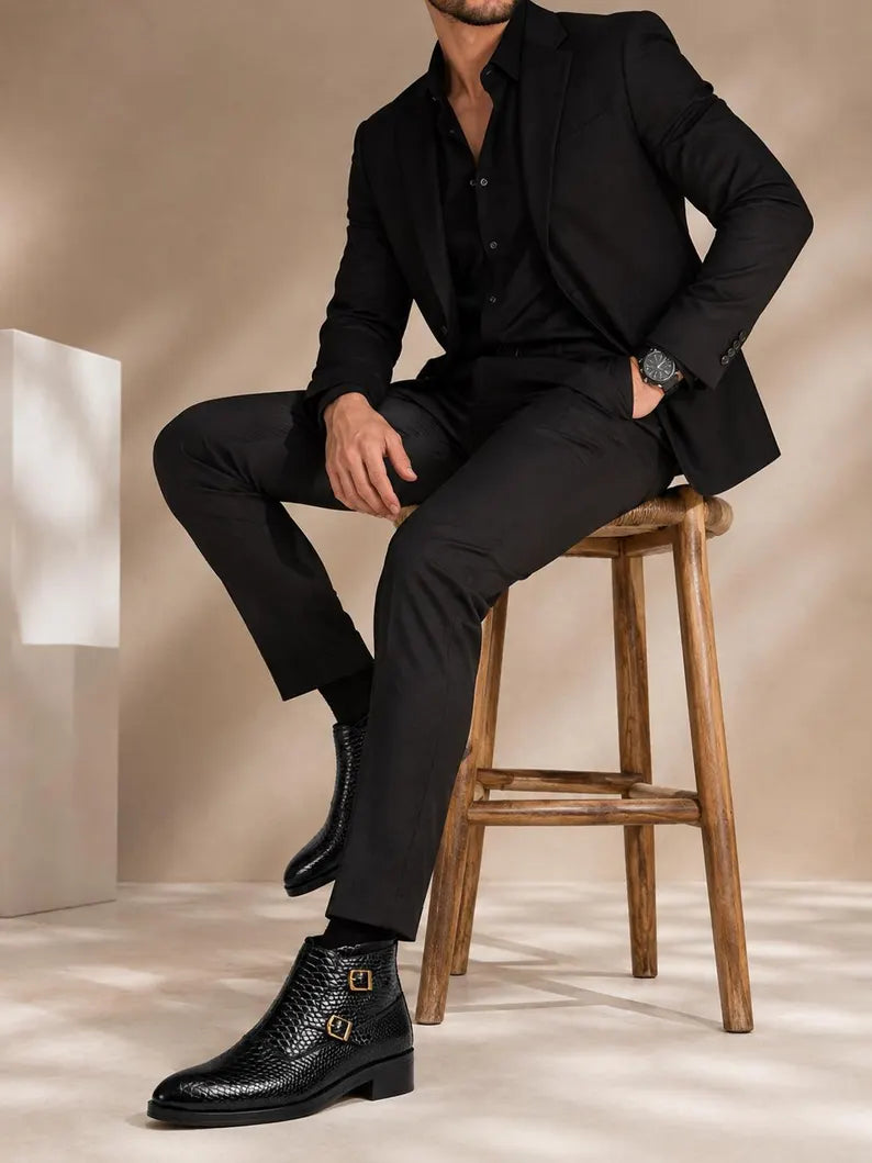 Black Embossed Snakskin Monk Strap Boots, Handmade Genuine Leather Ankle Boots for Men