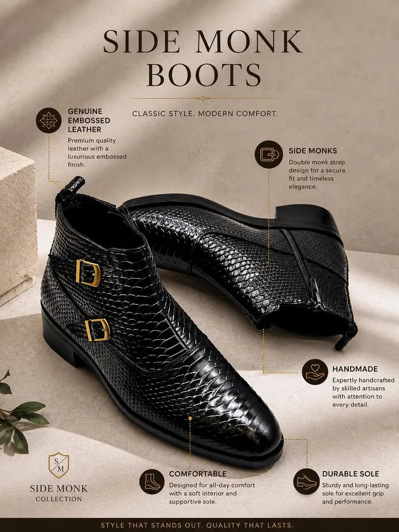 Black Embossed Snakskin Monk Strap Boots, Handmade Genuine Leather Ankle Boots for Men