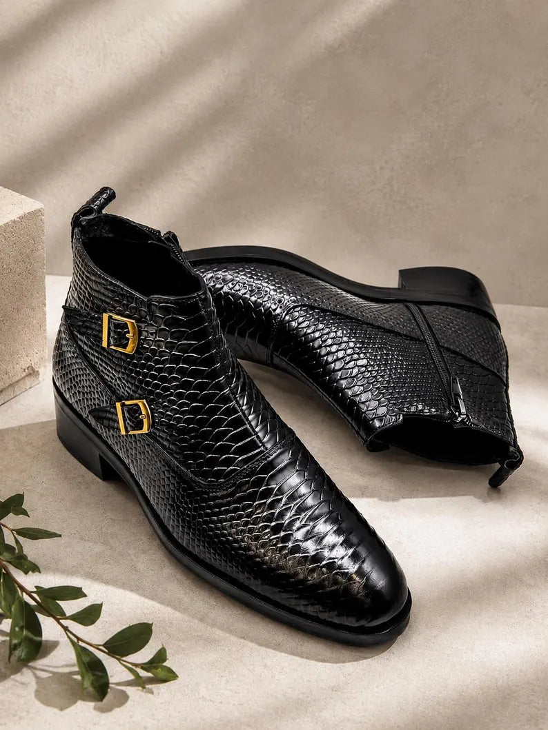 Black Embossed Snakskin Monk Strap Boots, Handmade Genuine Leather Ankle Boots for Men