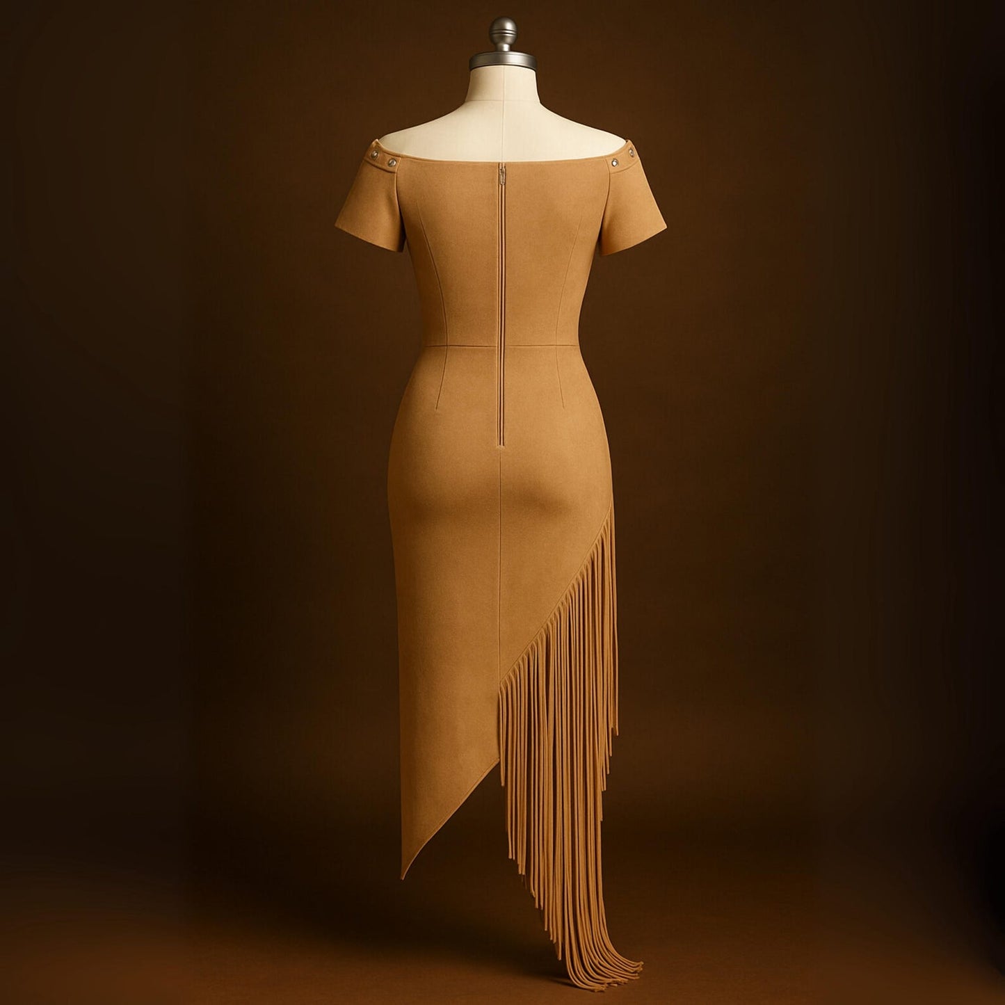 Women’s Off-Shoulder Suede Fringe Dress – Asymmetric Western Bodycon Dress with Stud Detail & Tassel Hem